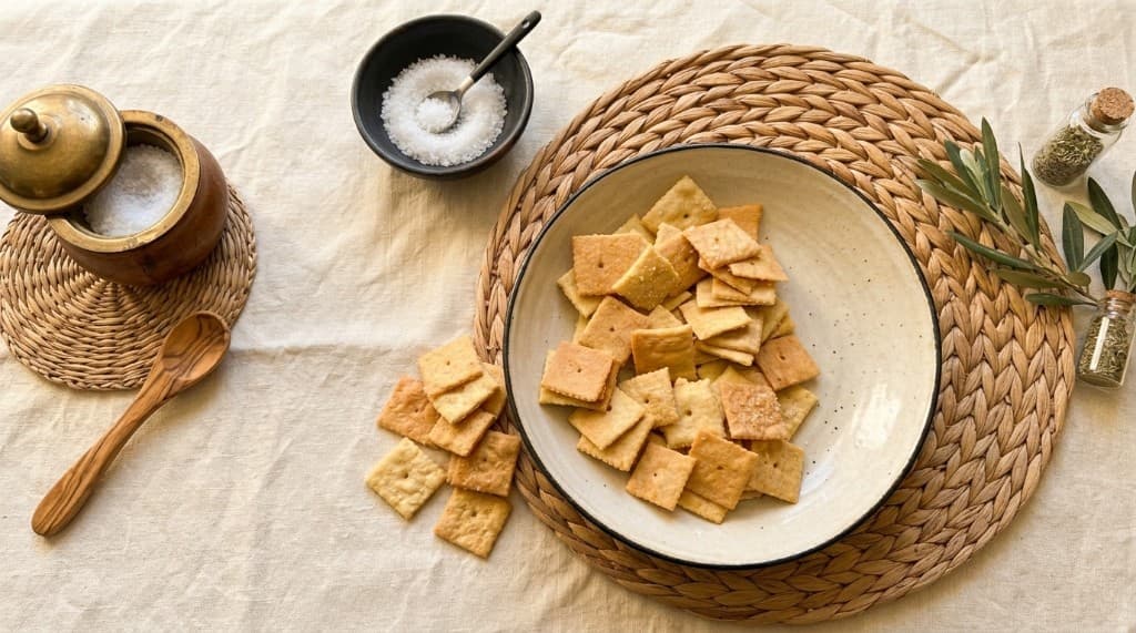 Homemade square crackers in a bowl on a woven mat with sea salt and herbs
