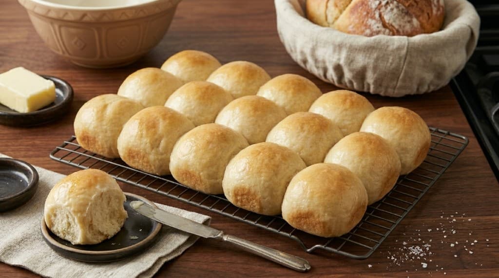 Fifteen golden dinner rolls on a cooling rack with butter and bread props