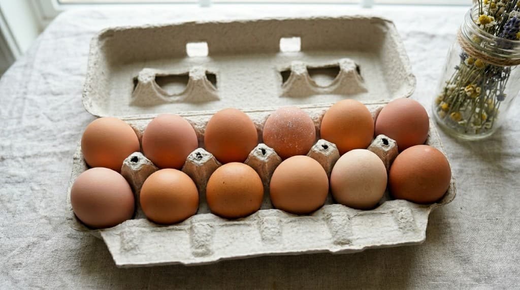 Brown eggs in an open carton on linen; dried flowers softly out of focus nearby
