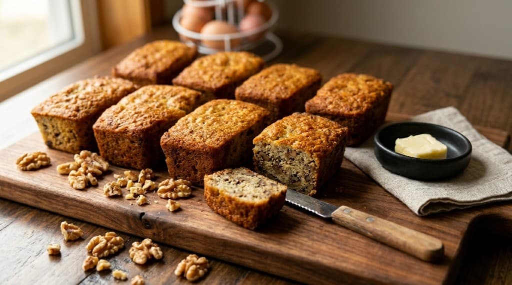 Eight mini loaves on a board with walnuts; one sliced to show the crumb