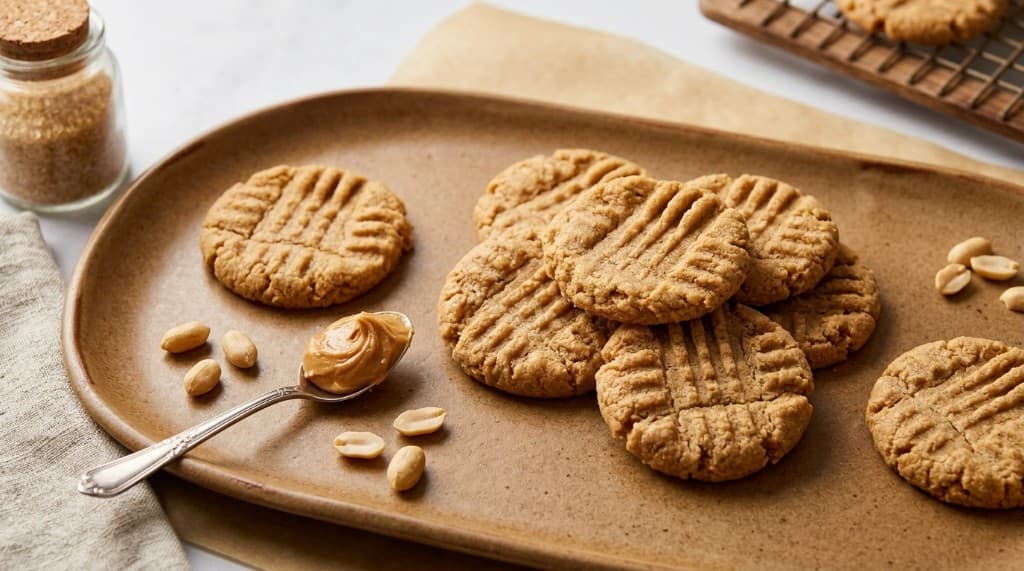 Peanut butter cookies with fork cross-hatch on a stoneware platter with peanuts and peanut butter