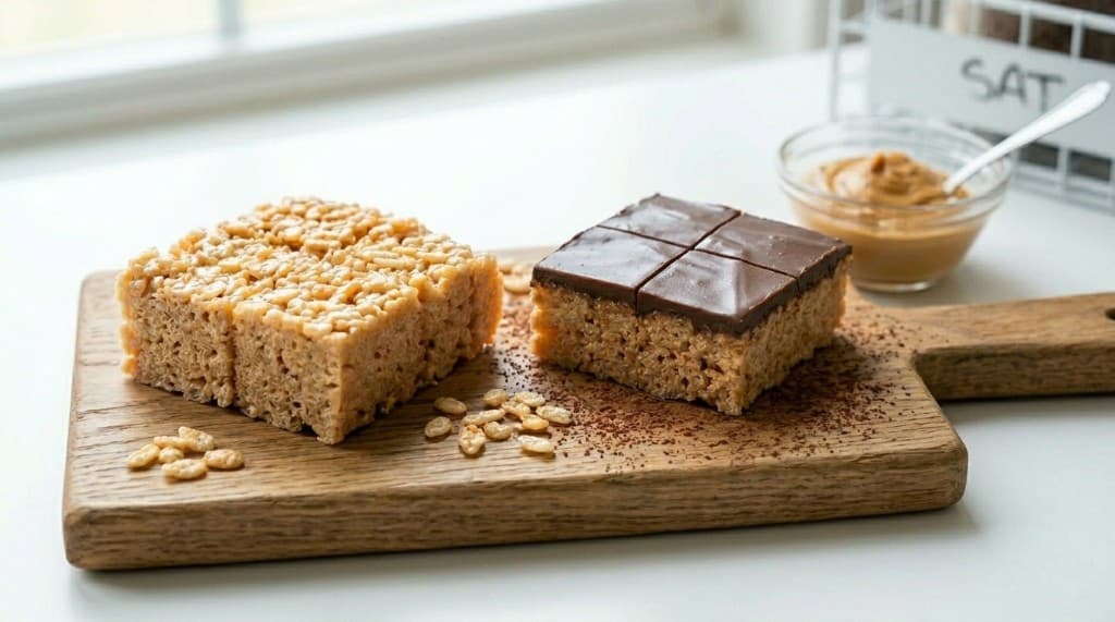 Two large rice cereal treats on a wooden board: one plain, one topped with dark chocolate; small bowl of peanut butter in the background